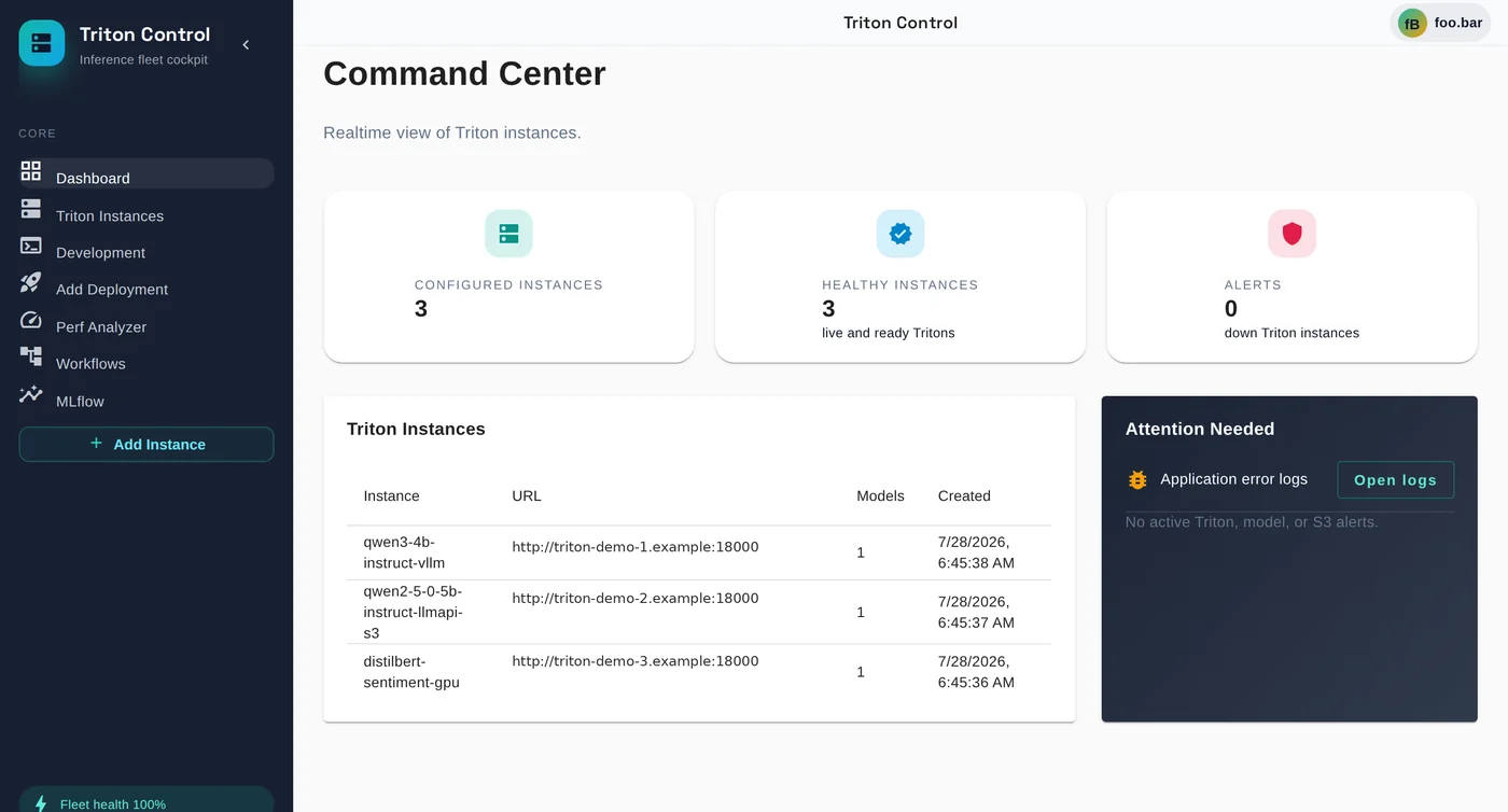 Triton Control command center with configured, healthy, and alert instance cards